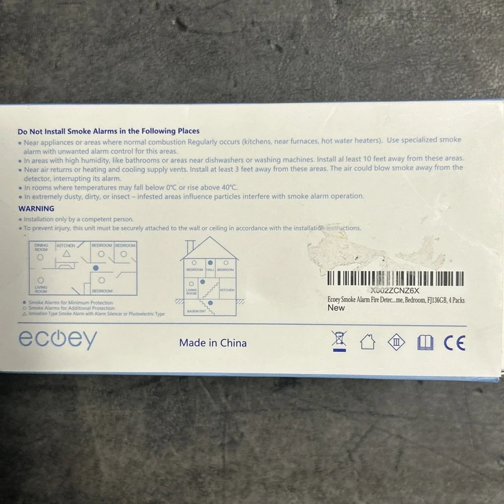 NEW Ecoey FJ136GB Photoelectric Smoke Alarm Fire Detector 4 Pack